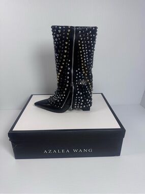 Azalea Wang Henzi Studded Knee-High Boots Black Pointed Toe Zip NEW